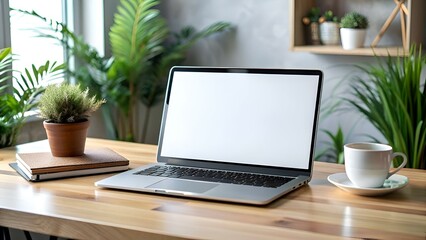 A sleek laptop with a blank screen sits on a wooden desk. surrounded by lush greenery and a cup of coffee.