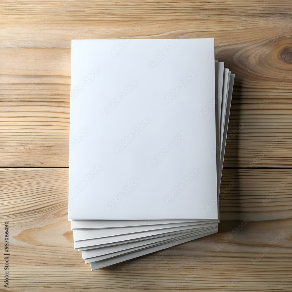 Poster clean and minimalist image of a stack of blank white paper sheets on a natural wood background.