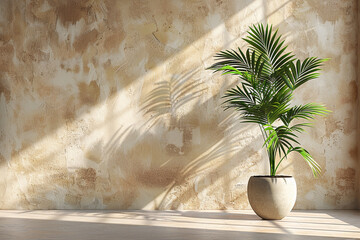 A 3D rendering of a room with a beige stucco wall and a potted plant serves as interior background in stock photo 