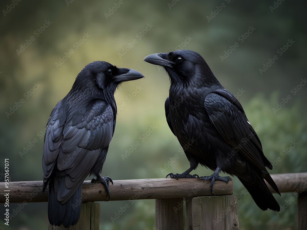 Wall mural Two Ravens Perched on a Wooden Fence