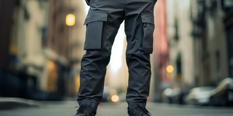 A person wearing black cargo pants and shoes.