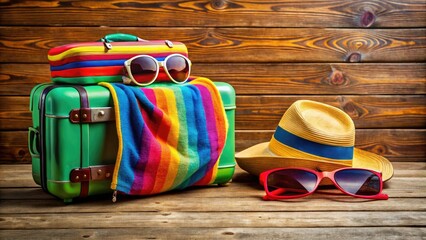 Vibrant colorful luggage, sunglasses, and a beach towel arranged on a rustic wooden floor, evoking a sense of excitement and relaxation for a perfect getaway.