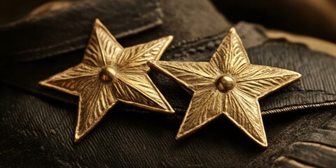 Two gold stars on textured fabric.