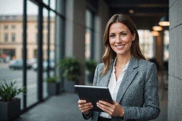 Business woman smiling at the camera while holding a tablet pc