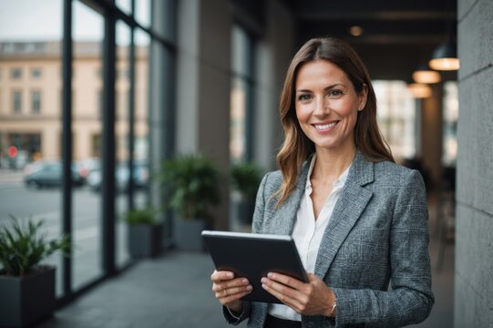 Business woman smiling at the camera while holding a tablet pc