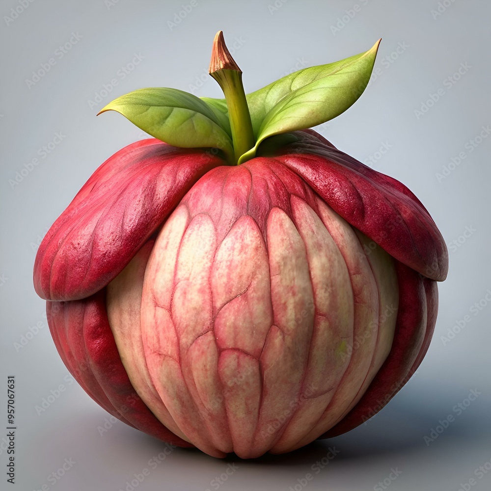 Poster a surreal and captivating image of a fruit resembling an apple with a unique textured skin and a vib