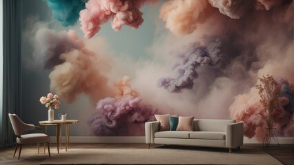 Living room with wallpaper in colorful smoke 3D