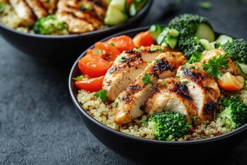 Grilled Chicken Power Bowl: A vibrant and healthy composition showcasing a grilled chicken bowl, brimming with nutritious components like quinoa, broccoli, tomatoes, and cucumbers.