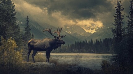 A majestic elk stands on a rocky outcropping by a lake, with towering mountains and a dramatic sky in the background.