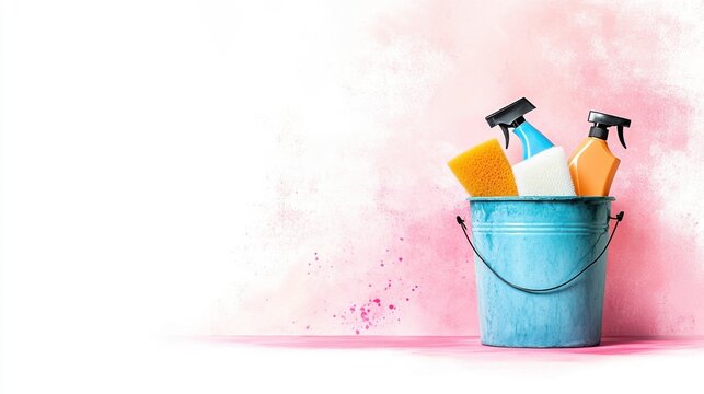 A colorful bucket filled with cleaning supplies and tools, perfect for home organization and cleaning tasks.