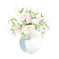 Isolated Illustration. Bouquet in a glass vase of watercolor flowers of Fragrant Peas on a white background. The illustration is hand drawn. Suitable for card designs, textiles and scrapbooking.