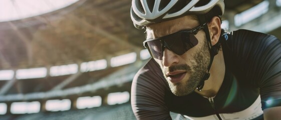 Obraz premium A focused cyclist in sunglasses and a helmet zooms through an outdoor arena, embodying determination, speed, and athletic prowess.