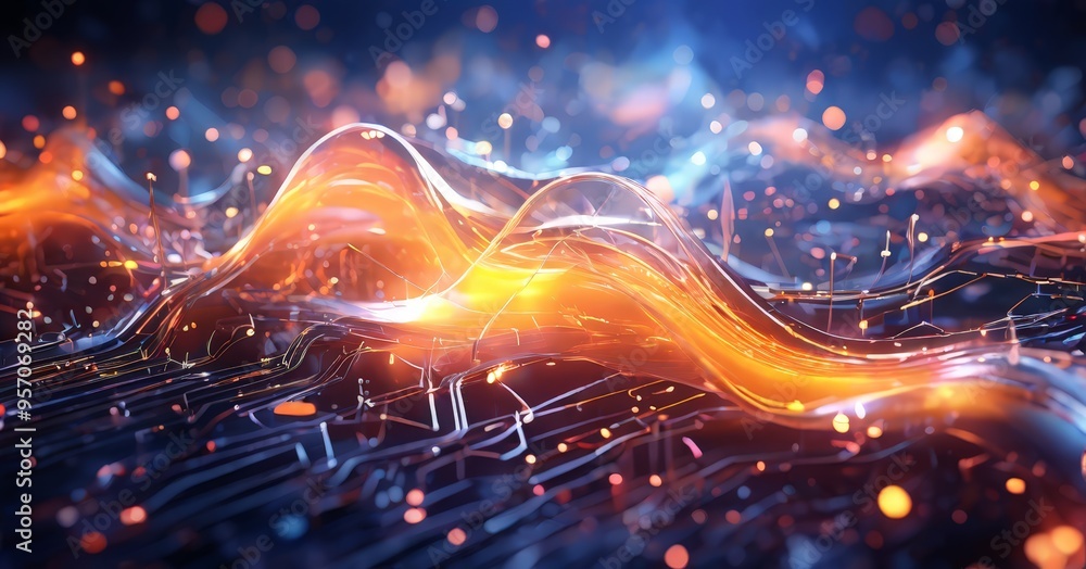 Poster abstract technology background with glowing lines and dots