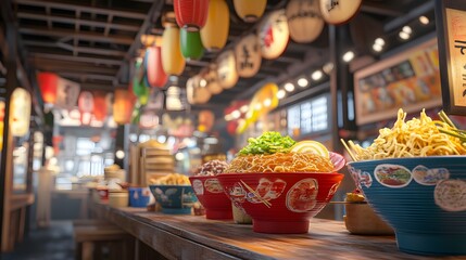 A lively market atmosphere with bright colors and 3D-rendered bowls of ramen and pho