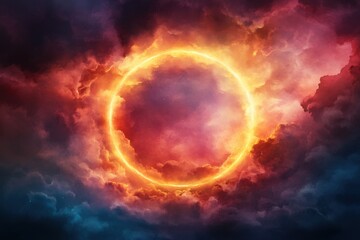 Obraz premium A stunning depiction of a fiery circle surrounded by dramatic clouds, perfect for adding intensity to any project.