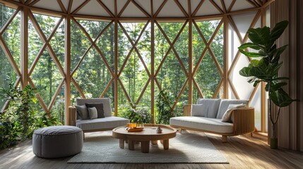 Fototapeta premium A yurt interior with a modern design, showcasing sleek furniture, minimalist decor, and large windows.