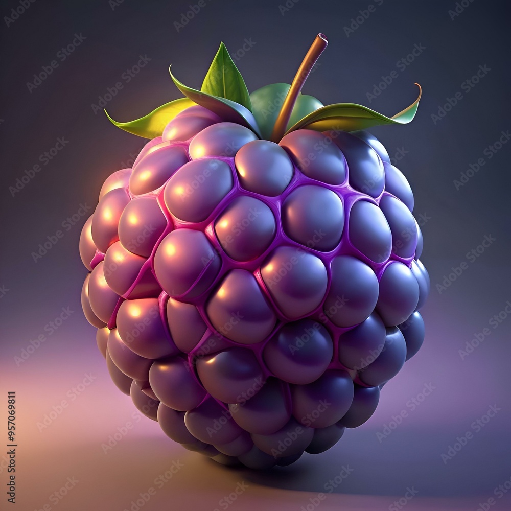 Poster a striking 3d rendering of a blackberry. featuring a unique. textured surface with a deep purple hue