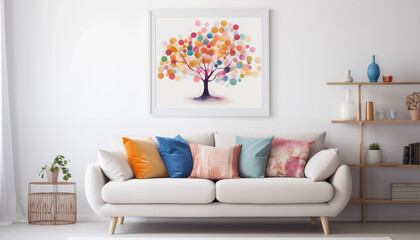 Modern Living Room Interior with White Sofa and Colorful Tree Painting