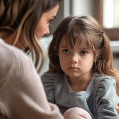 A woman is holding a young girl who is crying