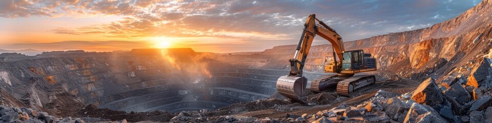 Excavator operating at sunrise in a rugged mountainous mining landscape  The massive machinery stands amidst dramatic cliffs rocks and a stunning sky backdrop with dramatic clouds and vibrant colors