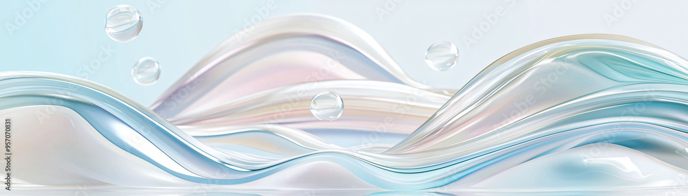Poster flowing waves with bubbles create serene and calming atmosphere, symbolizing tranquility and fluidit
