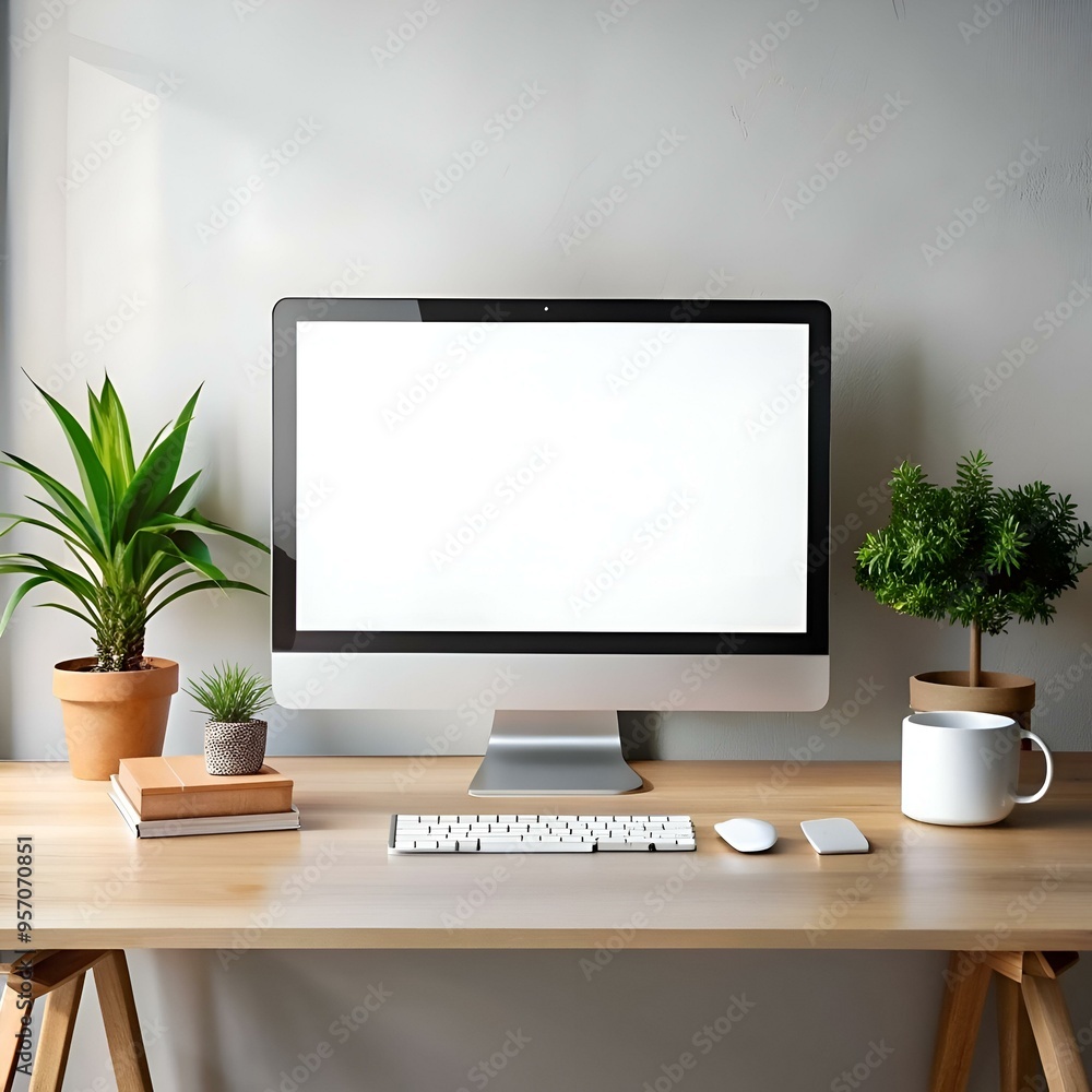 Poster clean and minimalist desktop workspace with a blank computer screen. perfect for showcasing your bra