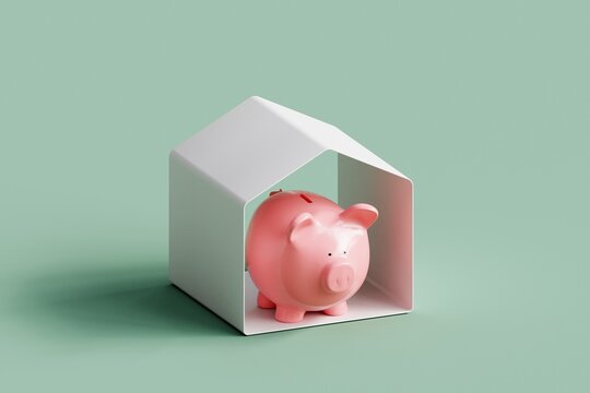Pink Piggy Bank and white small house model.  3d illustration. - Powered by Adobe