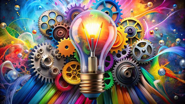 Vibrant colors explode around a light bulb as gears, paintbrushes, and other creative tools swirl together, symbolizing innovation, transformation, and artistic expression.