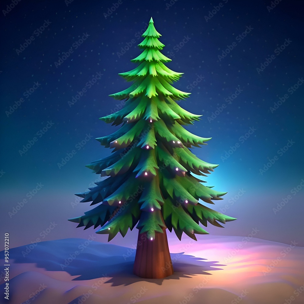 Poster a charming 3d illustration of a pine tree adorned with twinkling lights. perfect for adding a festiv