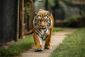 Fototapeta premium Tiger walking on a path with green grass on either side