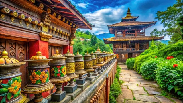 Vibrant colors illuminate intricately carved Tibetan prayer wheels and traditional Nepalese architecture amidst lush greenery, capturing the essence of Nepal's rich cultural heritage.