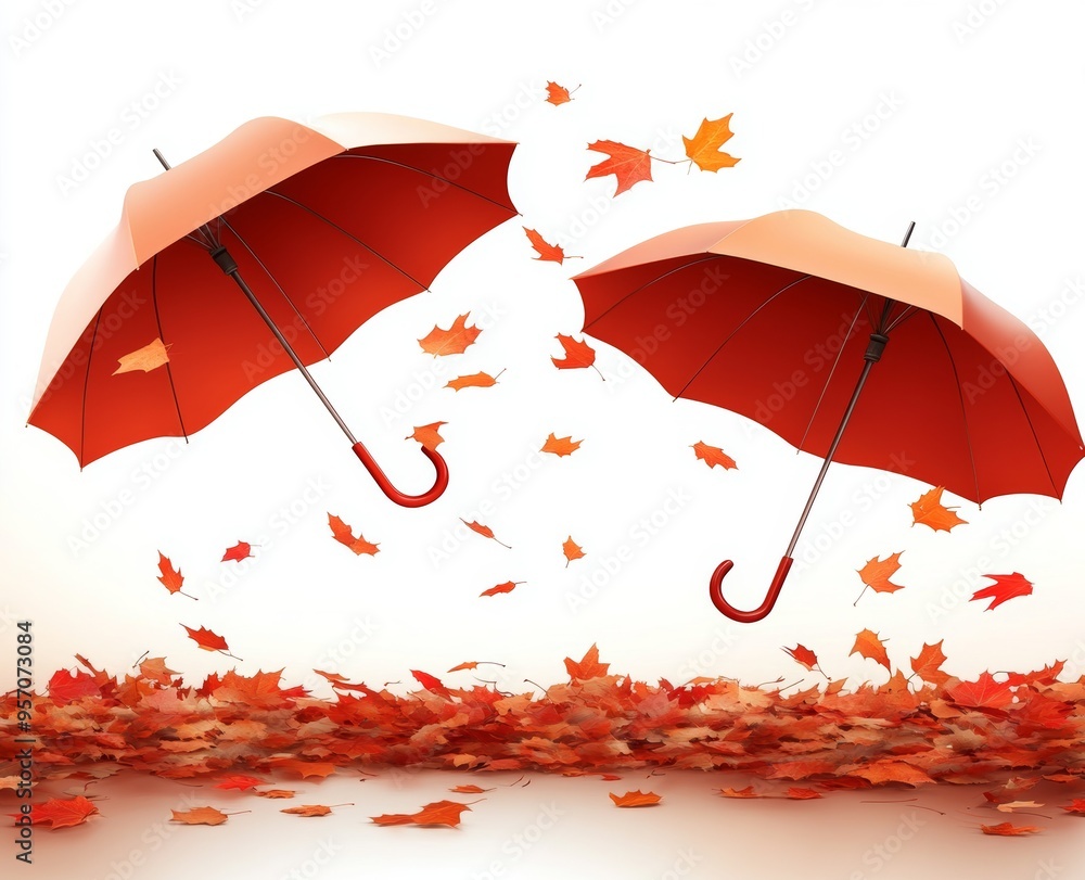 Poster with autumnal leaves and umbrellas as a background, you can add your own text