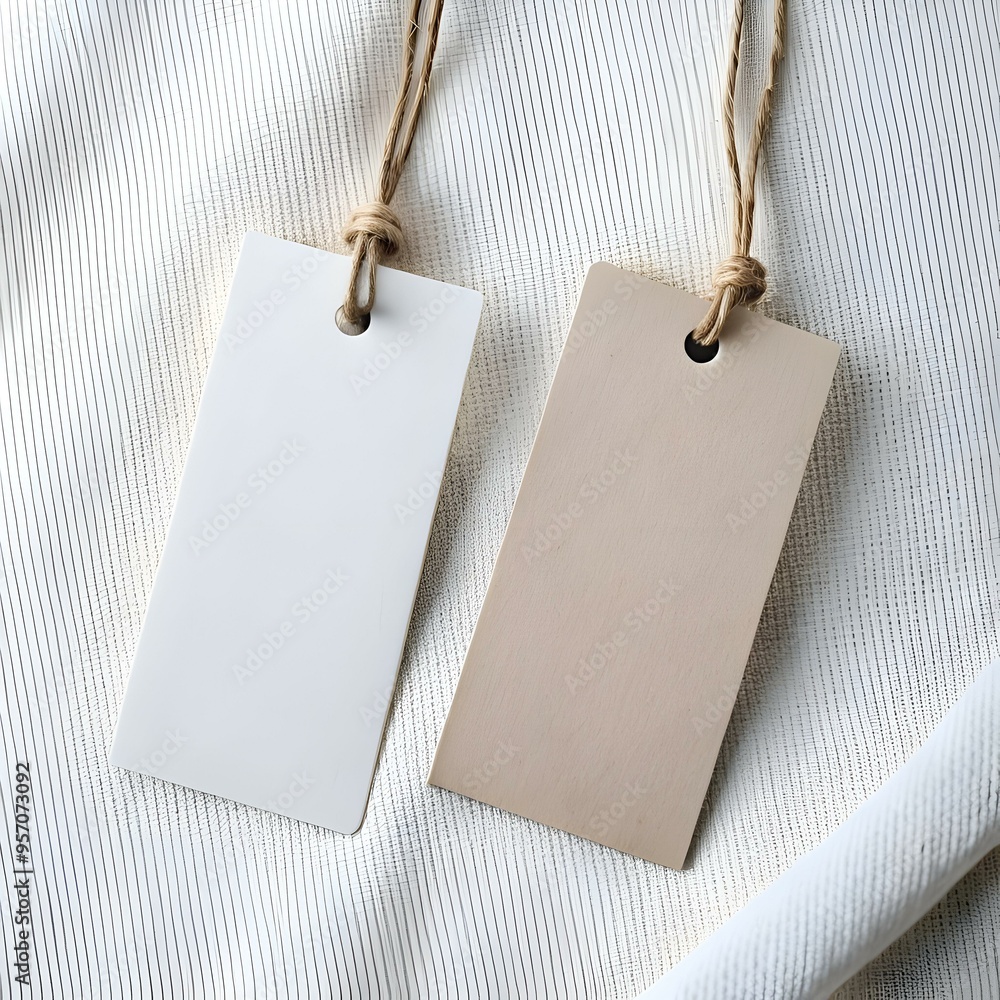 Poster two blank. minimalist tags with twine string on a natural fabric background.