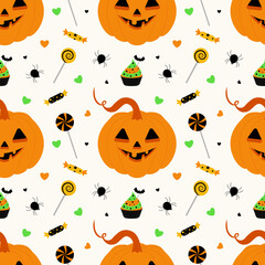 Seamless pattern, pumpkin with sweets on a light background, Halloween background. Ideal for Halloween.  Flat style, vector graphics.