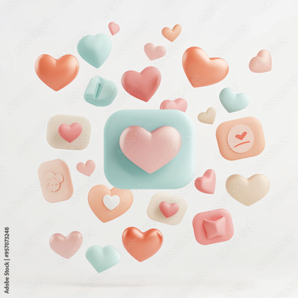 Poster floating hearts in various colors and shapes create whimsical and playful atmosphere.