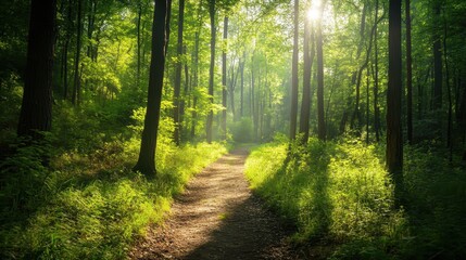 Fototapeta premium Serene Forest Pathway with Sunlight Filtering Through Green Leaves
