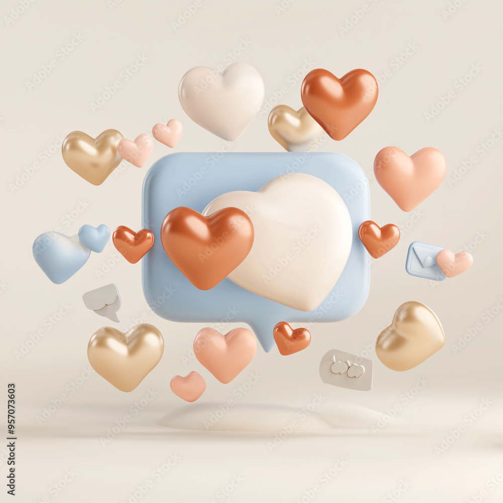 Poster floating hearts and message bubble create playful and romantic atmosphere. this 3d design captures e