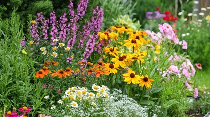 Obraz premium Vibrant Pollinator Paradise: Colorful Garden Blooming with Pollinator-Friendly Flowers and Herbs