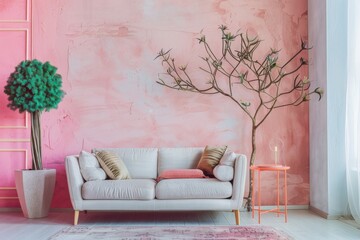A chic living room featuring a white couch, pink walls, a potted green plant, and minimalist decor including a small side table and lamp.