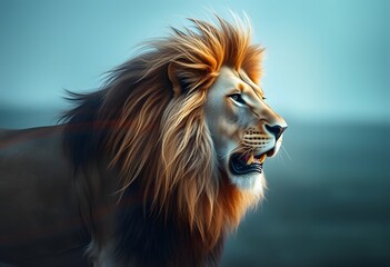Majestic lion on a light blue background, captured in profile, focusing on the details of the mane and calm expression, soft and natural lighting