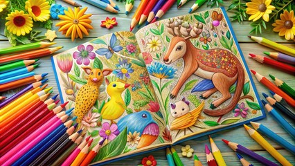 Fototapeta premium Vibrant crayons and pencils scattered around an open coloring book, revealing a whimsical illustration of animals and flowers, surrounded by scraps of colorful paper.