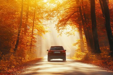 In the Republic of Crimea, the car drives through a beautiful arch of autumn trees.