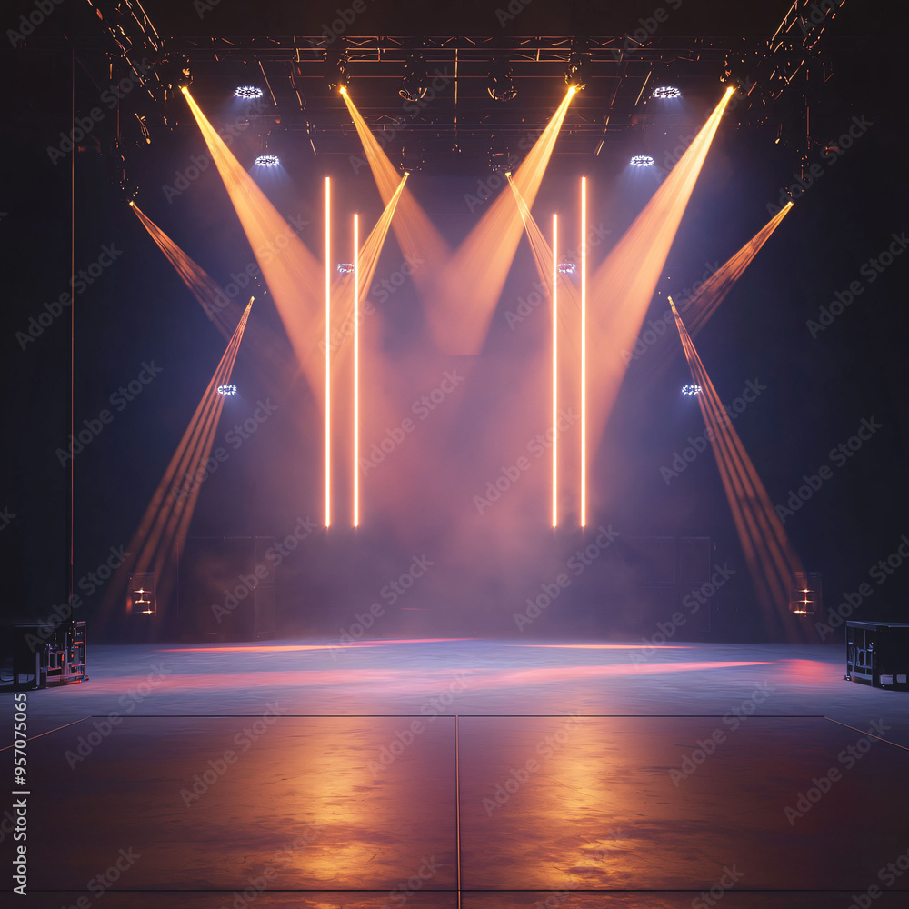 Poster a dramatic stage setup featuring moving spotlights casting beams of light, creating an energetic atm