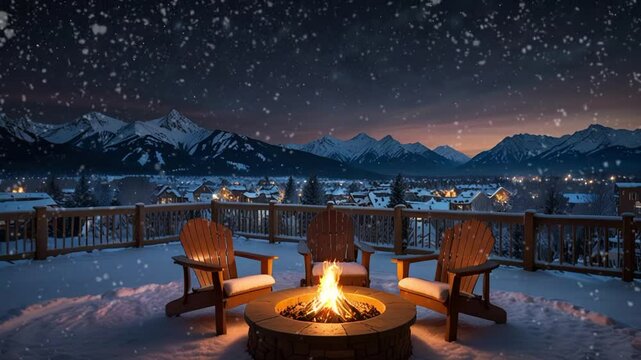 chairs and fireplace on the terrace with a village and mountains in the background. Seamless looping 4k video animation