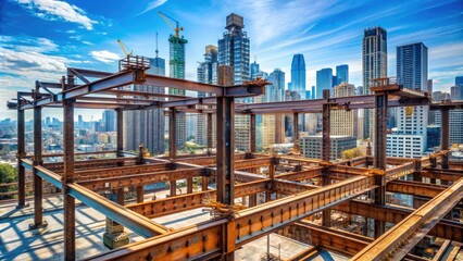 Fototapeta premium Rugged steel beams and girders form the skeletal framework of a massive urban construction project, awaiting further assembly amidst a sprawling cityscape backdrop.