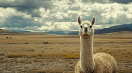 Obraz premium A white llama with large ears stands in a grassy field, looking directly at the camera. In the background are mountains and a cloudy sky.