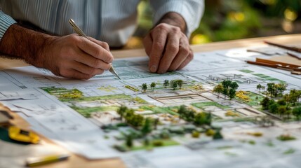 Fototapeta premium Innovative Architect Planning Sustainable Green Building Design with Blueprint Layouts on Table