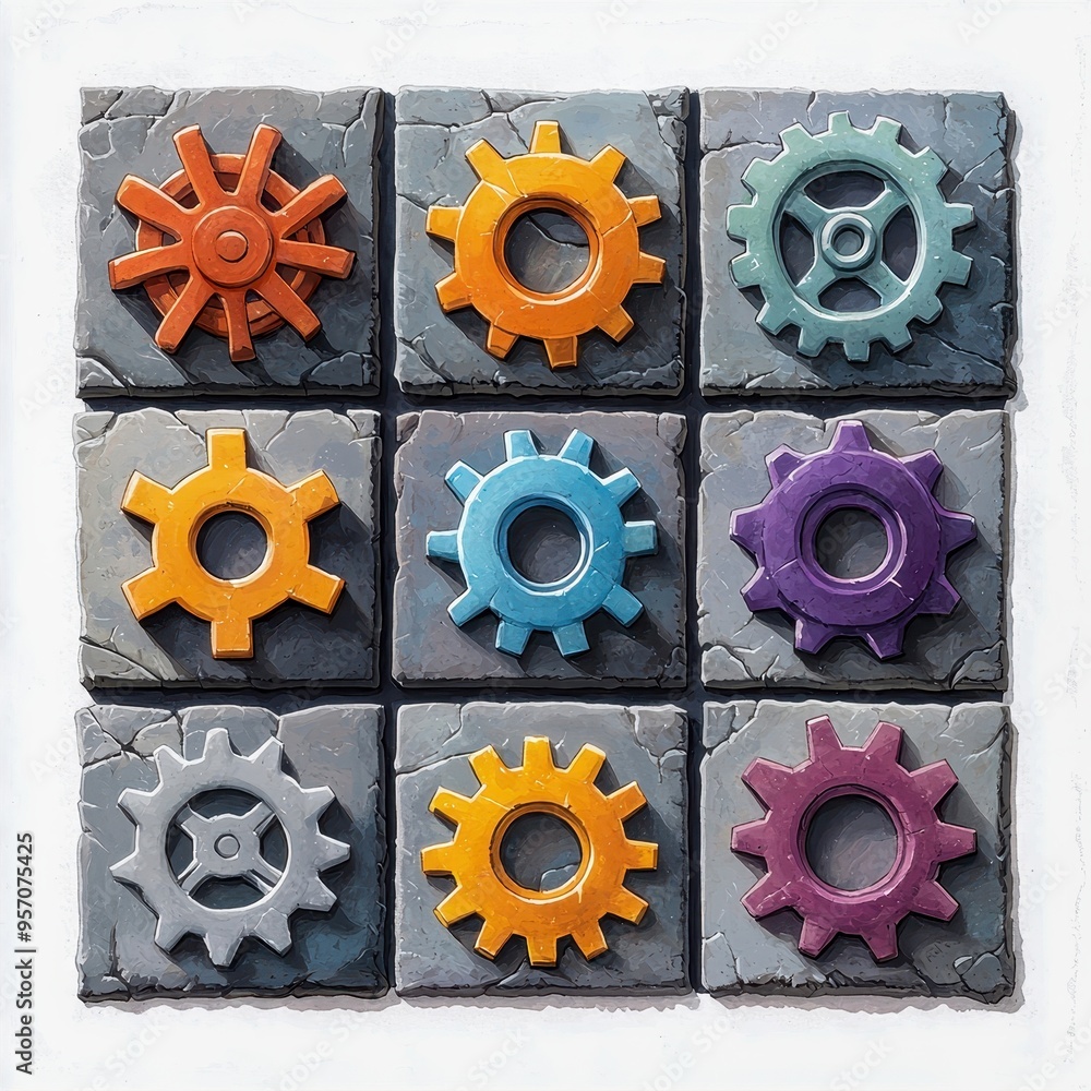 Poster colorful gears arranged in a grid, showcasing industrial design and creativity for engineering and m