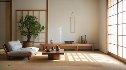 Living room of a traditional Japanese house with an elegant minimalist design. This living room is filled with a little furniture, such as a low table  and chairs without backs