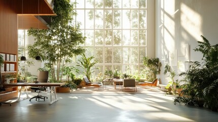 Serene Green Office Space with Sunlight and Plants